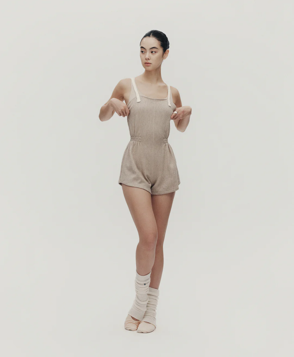 Typha Beige Ribbon-Tie Suspender Playsuit