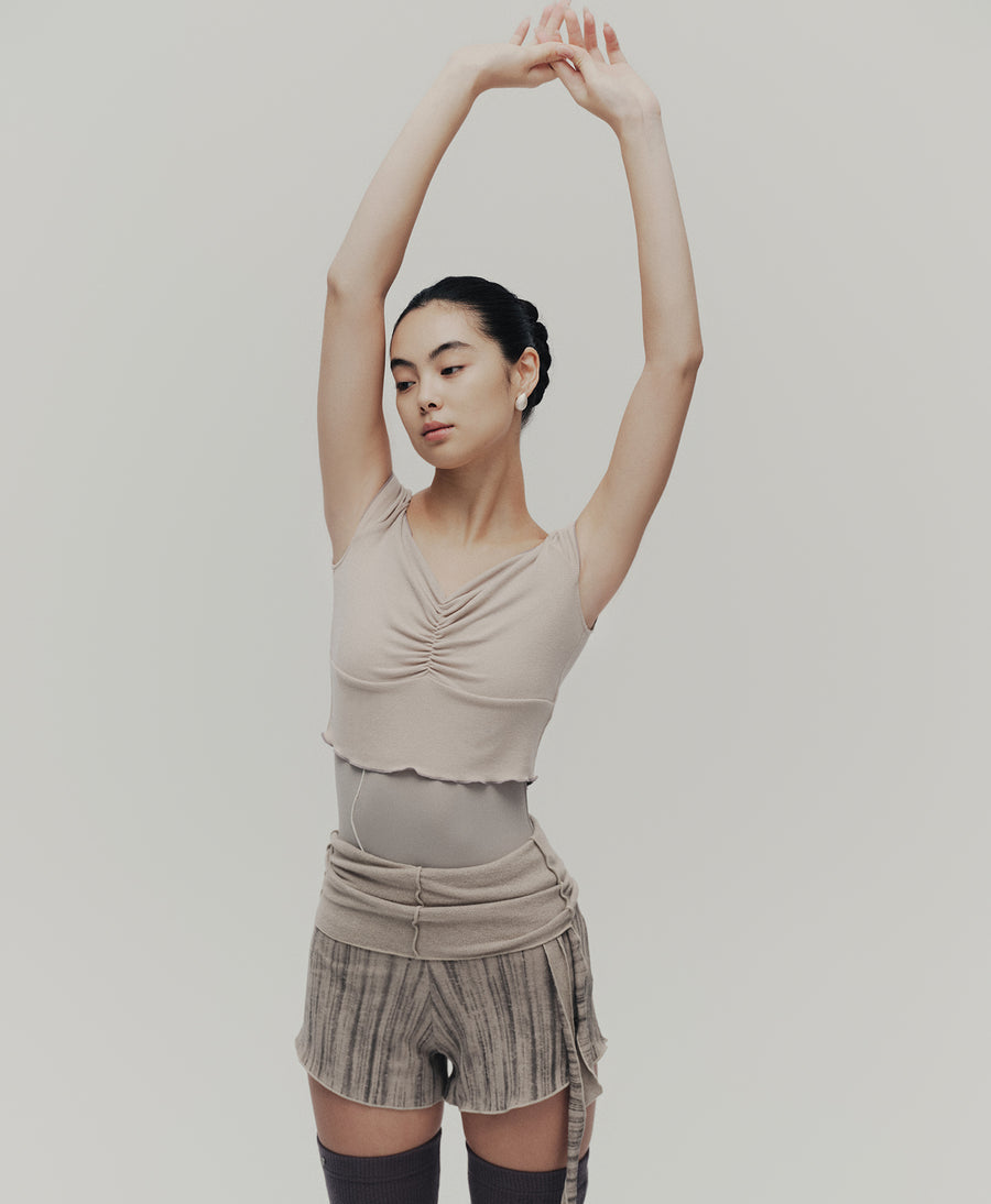 Typha Contrast-Colour Pintuck Knit Short-Sleeved Top