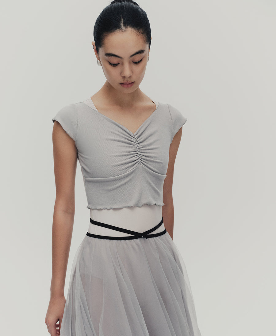 Typha Contrast-Colour Pintuck Knit Short-Sleeved Top